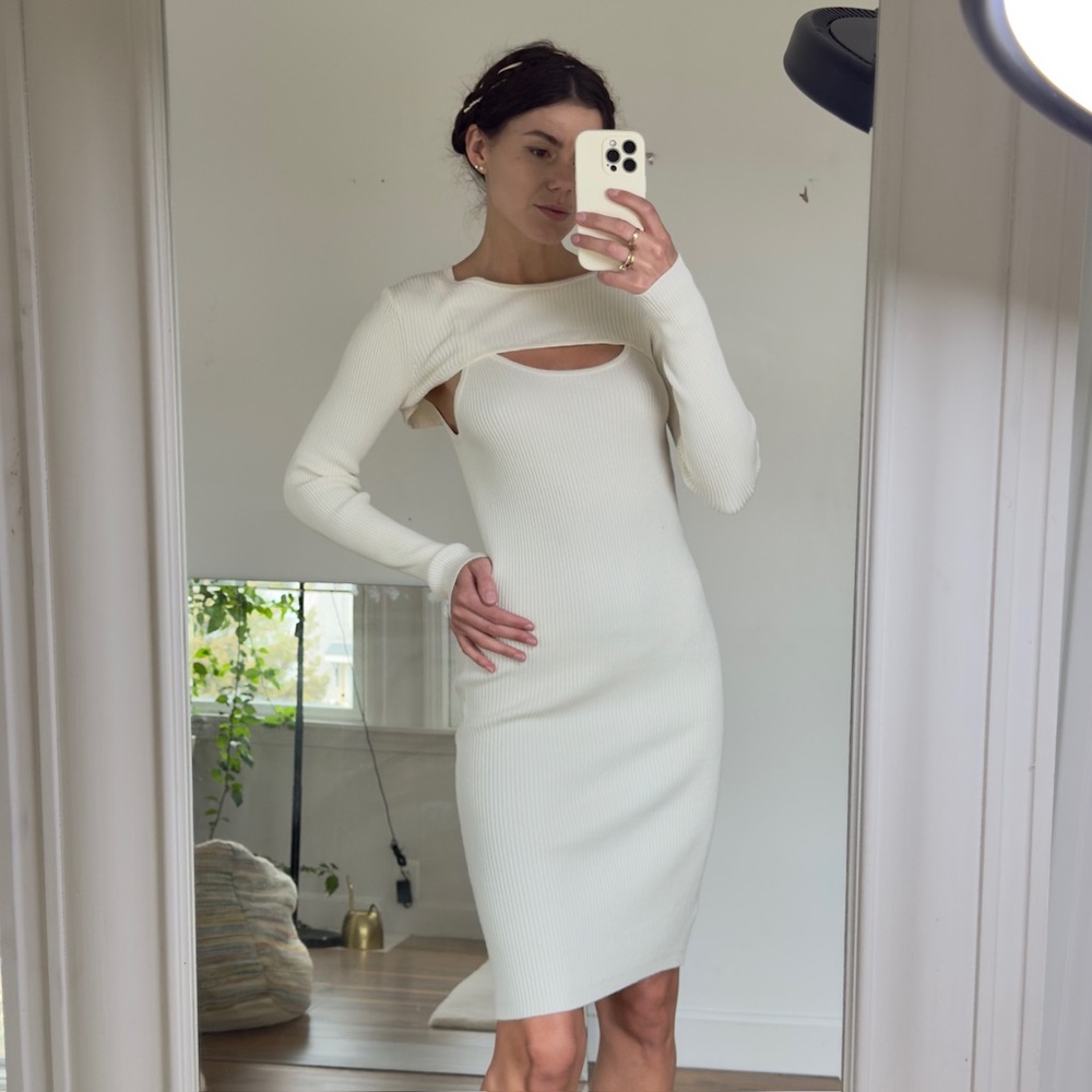 Size M / Cream White Ribbed Dress with Shoulder Top
